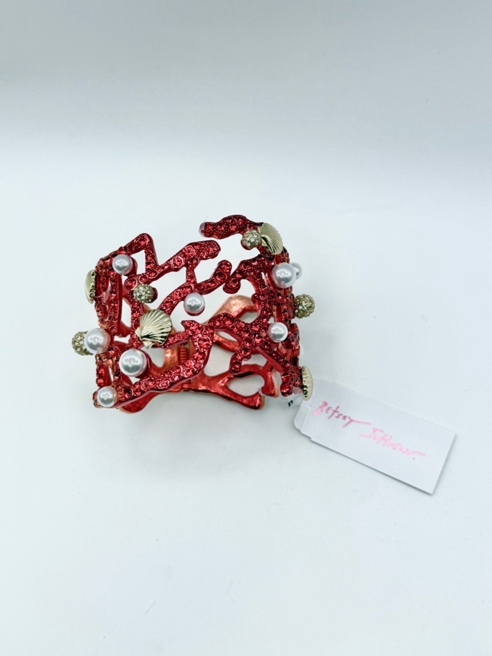 Betsey Johnson Red Orange Gold Coral Cuff hinged Bracelet with Pearls